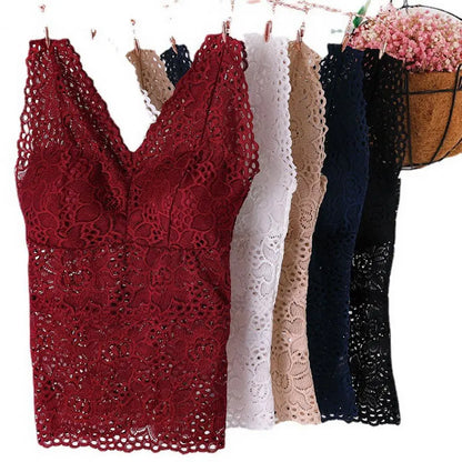 New in Tank Top V-neck Skeleton with Pads Spaghetti Straps All-Match Sexy Lace Long Bra Crochet Vest Inside Wear